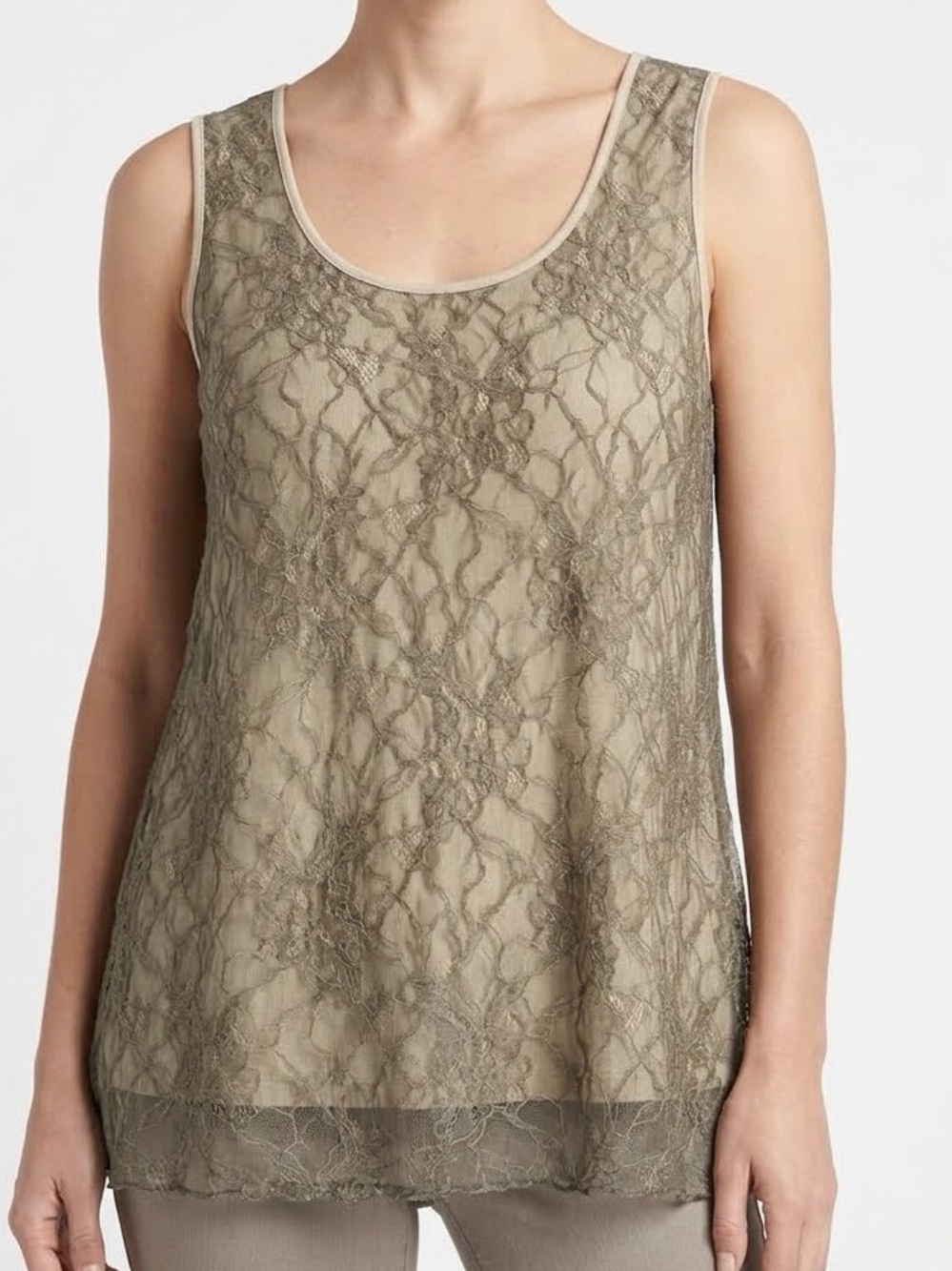 CHICO’S Sleeveless Olive Green & Cream Lace Overlay Tank Top — #LHP